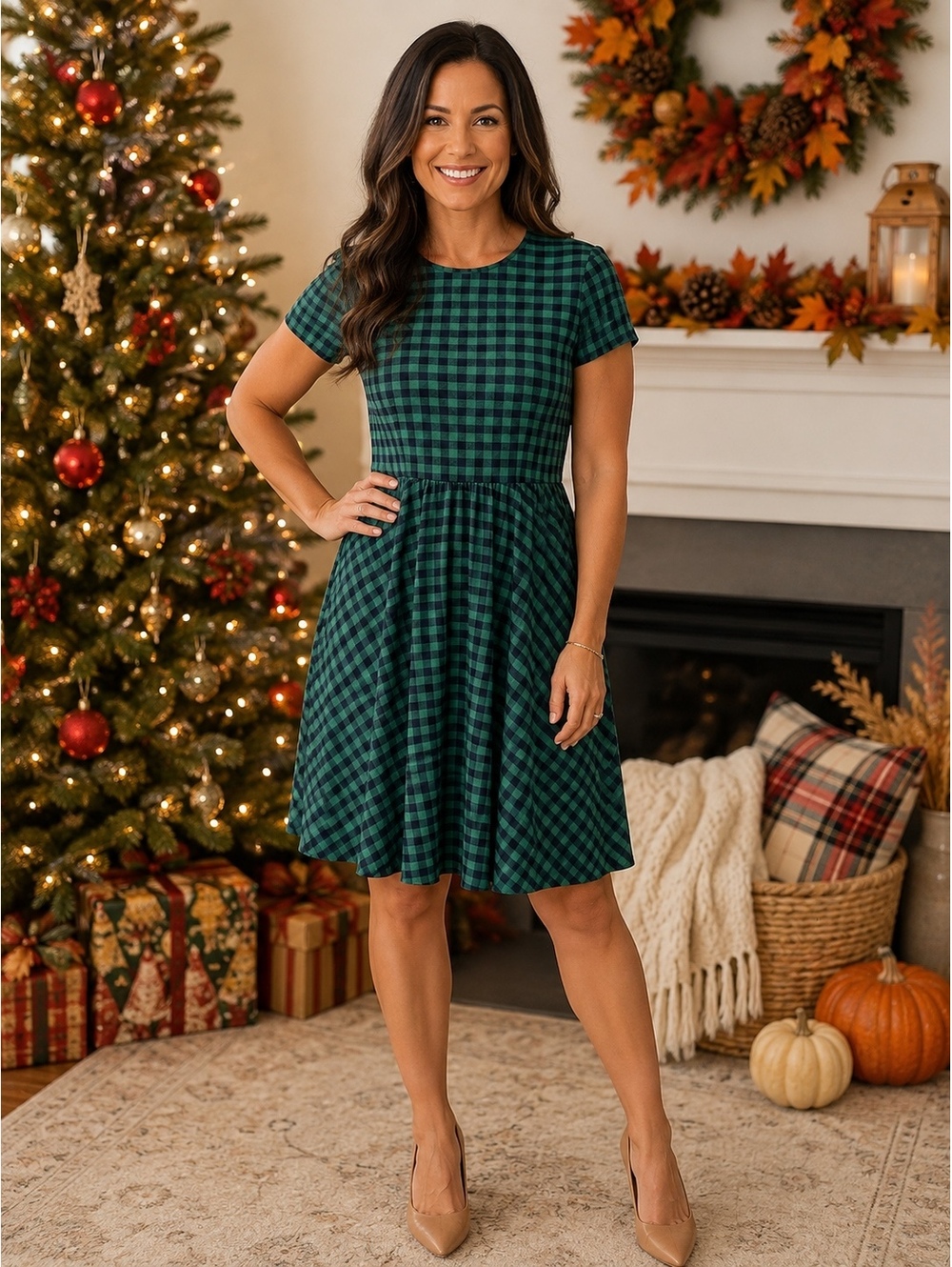 Tulip B Green and Navy Checkered Fit & Flare Dress Size M